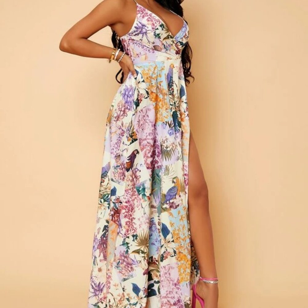 Floral open back slit thigh Maxi Dress shabby chic - Picture 8 of 10